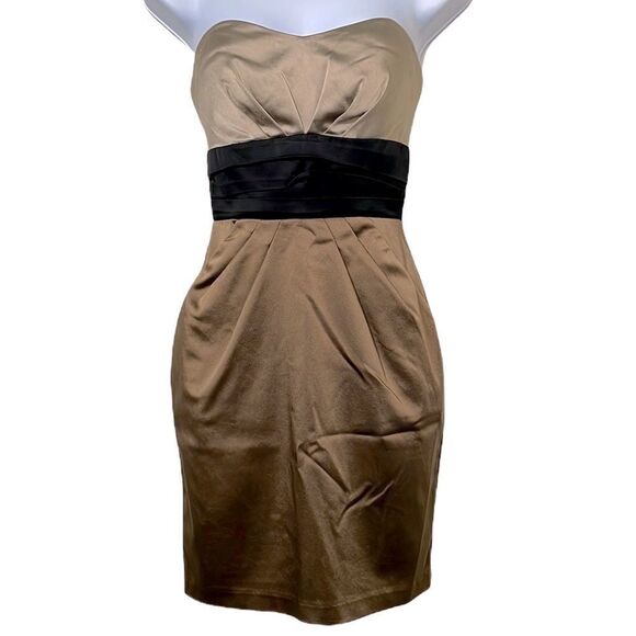 Bebe Strapless Cocktail Dress Gold Black Hidden Pockets Hidden Zipper XSmall - Picture 1 of 11